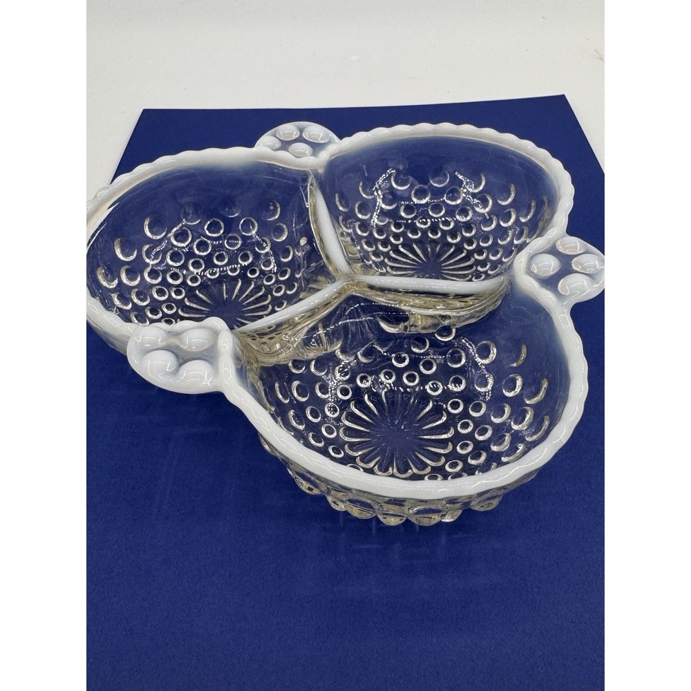 Anchor Hocking Candy Dish Hobnail Opalescent Moonstone Glass 3 Section 6.5" VTG